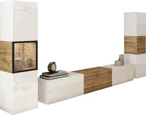 Meblościanka z oświetleniem LED, zestaw z szafką RTV 180 cm, witryną i słupkiem, korpus biały mat, fronty biały połysk, wstawka dąb Wotan