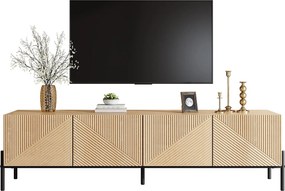 Nowoczesna szafka RTV - 163,5 x 40 x 45 cm - z 4 drzwiami - geometryczny wzór i faktura 3D - MDF - naturalny