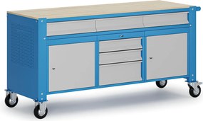 Mobilny stół warsztatowy G9, 2 szafki, 6 szuflad, 1690 x 595 x 865-1130 mm, szary/niebieski