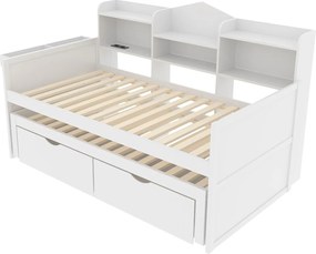 Łóżko wysuwane 90 x 200 cm + 90 x 190 cm z 2 szufladami, portem USB i schowkiem - drewno sosnowe + MDF - białe (bez materaca)