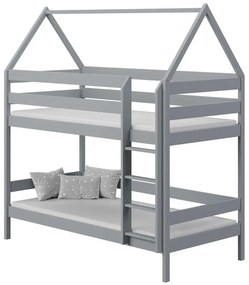 Szare skandynawskie piętrowe łóżko domek dla dzieci z drabinką H4-D60