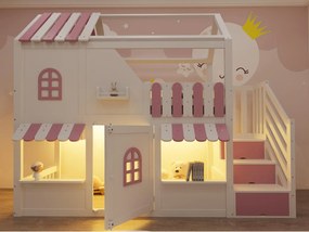 Łóżko na antresoli dla dzieci 90 x 200 cm - z drabiną z pojemnikami - z oświetleniem LED - z 1 drzwiami - biały + różowy (materac nie jest wliczony w cenę)
