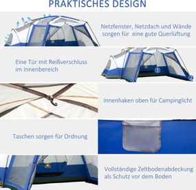 Outsunny Namiot Rodzinny 6-8 Osób - Włókno Szklane, Niebieski, z Przedsionkiem - Wakacyjna Przygoda