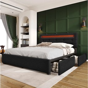 Łóżko 140x200cm z lnu z LED + 2 szuflady + stelaż na listwy - Szary