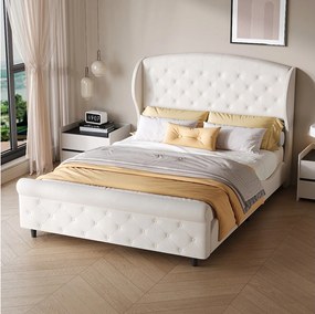 Łóżko saneczkowe 140x200 cm z beżowego aksamitu, pikowany zagłówek z guzikami, klasyczny styl europejski