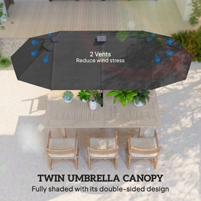 Outsunny Podwójny Parasol Tarasowy, Regulowany, z Panelem Słonecznym, 35 LED, Stalowa Rama, Szary, 2,95 x 1,50 x 2,19 m