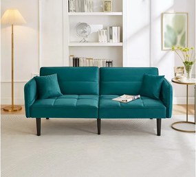 Dwuosobowa sofa rozkładana z aksamitu w kolorze turkusowym, z regulowanym oparciem i podłokietnikami, do salonu lub biura