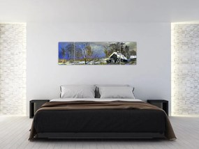 Obraz chaty w zimowym krajobrazie, obraz olejny (170x50 cm)
