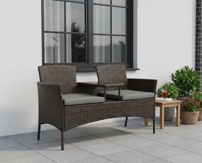 Meble ogrodowe Ratina, dwuosobowa sofa ze stolikiem, kolor brązowy, poduszki szare