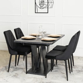 Zestaw Stół Prostokątny Rozkładany CLARK 120-160 cm Czarny Marmur i 4 Krzesła Tapicerowane CORK Czarne Welurowe Loft
