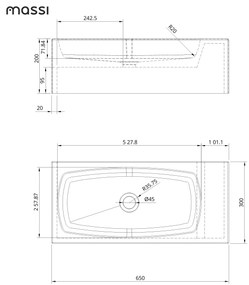 Umywalka betonowa wisząca / nablatowa prostokątna bez otworu na baterię 65 x 30 cm z półką ZALM | różne kolory : Kolor - Kość słoniowa/Ecru, Typ montażu - nablatowa