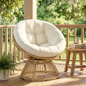 Outsunny Fotel Papasan 360° obrotowy z poduszką stalowa rama okrągły fotel z rattanu fotel wypoczynkowy kremowy | Aosom PL