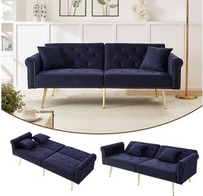 Sofa 2-osobowa z funkcją spania - 173 x 75 x 70 cm - 3-stopniowa regulacja oparcia + złote metalowe nogi - aksamit - granatowy