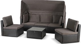 Zestaw mebli ogrodowych Verano 2w1 z daszkiem, czarny technorattan, poduszki brąz