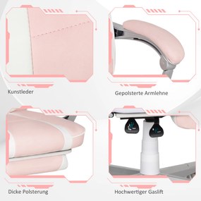 HOMCOM Fotel gamingowy z podnóżkiem, poduszkami na głowę &amp; lędźwie, obrotowy, regulowana wysokość, Różowy