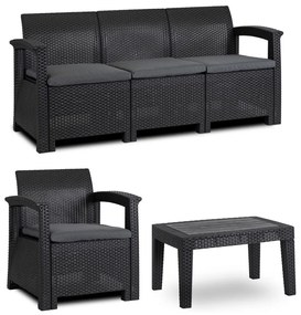 Zestaw mebli na taras Brandon - sofa, 2 fotele i stolik kawowy, czarny/ciemnoszary