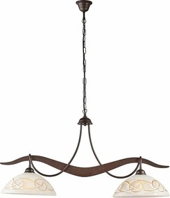 Bilbao – żyrandol z czarnego lakierowanego żelaza, dekor imitujący rdzę, białe i bursztynowe klosze szklane Ø30 cm, 2 światła, 89x30 cm