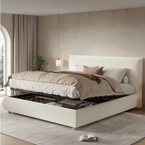 Łóżko podwójne ze schowkiem - 180 x 200 cm - z hydraulicznym schowkiem + tapicerowany zagłówek - pętelkowe - białe