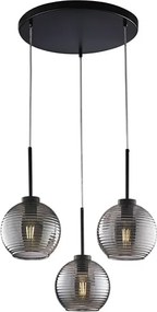 Lampa wisząca Ankara z czarnego lakierowanego żelaza, regulowane kable, klosze z lustrzanego szarego szkła dmuchanego z wypukłymi paskami, 3 światła