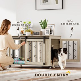 PawHut Skrzynia dla psa na kółkach, drzwi przesuwne, 100 x 56 x 65 cm, drewno, stal | Aosom PL