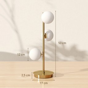 HOMCOM Lampa stołowa z 3 kulistymi kloszami, z solidną stalową podstawą, oprawki G9, 24 x 24 x 53 cm, mosiężny