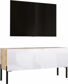 Szafka RTV Wotan Dąb / Biały Błyszczący, czarne nogi, 100 x 52 x 32 cm