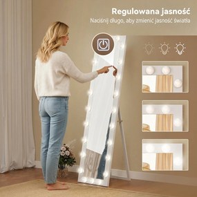 HOMCOM Lustro całopostaci 150x40 cm Lustro LED z 24 żarówkami 3 barwy światła, wolnostojące, do oparcia lub montażu na ścianie Biały | Aosom PL