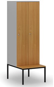 Drewniana szafa ubraniowa z ławką, 2-drzwiowa, 1871 x 600 x 500/800 mm, demontaż, zamek cylindryczny, szary/buk