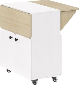 HOMCOM Składany Stół z Rolą, dwa składane boki, półka, 4 koła, Biały+Naturalne drewno, 70 x 83 x 75 cm