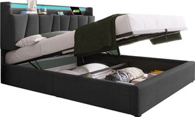 Łóżko dla dorosłych 140x200 cm - z zagłówkiem ze schowkiem, portami USB i oświetleniem LED - szary len - materac w cenie