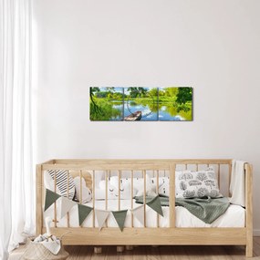Obraz letniej rzeki z łodzią (z zegarem) (90x30 cm)