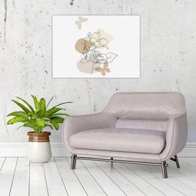 Obraz - Beżowe kwiaty z motylem N⁰1 (70x50 cm)