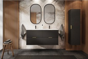 Czarna szafka łazienkowa ryflowana FLOW 180 cm z białym regałem i blatem