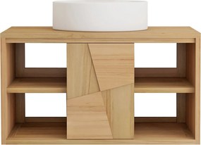 Wisząca szafka łazienkowa z drewna tekowego z okrągłą umywalką nablatową ceramiczną - szer. 80 cm - SUMBAWA