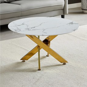 Okrągły stolik kawowy – Hartowane szkło z efektem białego marmuru – Złoty metal – CHIARA
