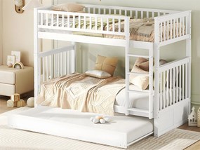 Łóżko piętrowe 2x90x200cm z łóżkiem wysuwanym 90x190cm - z barierką i schodami - Białe