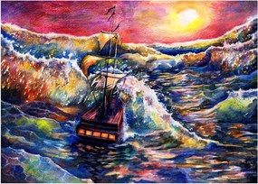 Obraz na szkle - Statek na falach oceanu, akwarela (70x50 cm)