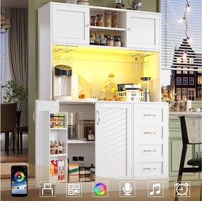 Kredens kuchenny - 120 x 40 x 188 cm - 4 drzwi + oświetlenie LED + uchwyty na kubki + szuflady + półka na przekąski - płyta MDF - biały