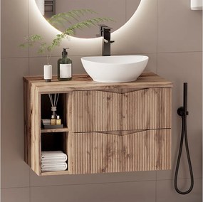 Zestaw do Łazienki 80cm Szafka Regał Blat Ryflowane Fronty Dąb Wotan Cleo