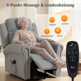 HOMCOM Fotel z funkcją Power-Lift, masażem wibracyjnym i ogrzewaniem, fotel z funkcją podnoszenia, port USB, kieszenie boczne i pilot, jasnoszary | Aosom PL
