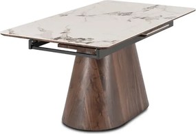 Stół Rozkładany Prostokątny LIZBONA 160-200 cm Ceramiczny Biały Marmur/Orzech Japandi