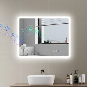 HOMCOM Lustro łazienkowe LED Bluetooth 70x90 cm podświetlane antypara głośnik 3 kolory światła dotykowe ścienne prostokątne | Aosom PL