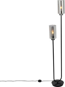 Lampa podłogowa art deco czarna z przydymionym szkłem 2-światła - Laura