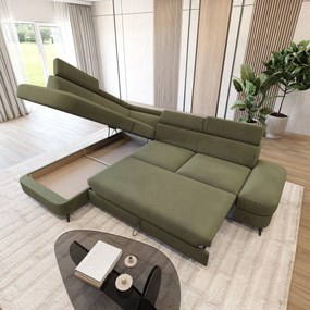 Masseno Narożnik AVISE z funkcją spania i pojemnikiem na pościel Narozniki L, Rozkładana sofa - Zielony, MATT VELVET 38