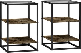 HOMCOM Zestaw 2 Stolików Pomocniczych z Szkła, 3-Poziomy, Metalowa Rama, do Salonu, Sypialni, Brąz
