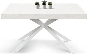 Stół drewniany, wykończenie białe, podstawa w kształcie litery X z białego metalu, 180×90–260×90 - CAMAIORE