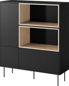 Komoda wysoka Desin 120 cm dwudrzwiowa z szufladą i wnękami - czarny mat / dąb nagano