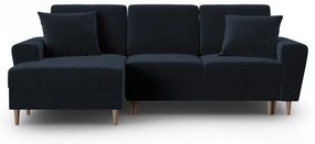 Ciemnoniebieski aksamitny rozkładany/ze schowkiem narożnik (lewostronny/z szezlongiem) Kyoto – Cosmopolitan Design
