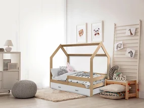 Łóżko dziecięce DOMEK D3, 80 x 160 cm, sosna Stelaż: Ze stelażem listwowym elastycznym, Materac: Materac EASYSOFT 10 cm, Pojemnik pod łóżko: Z białym pojemnikiem pod łóżko