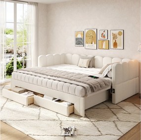 Sofa rozkładana dla dzieci - 90/180 x 200 cm - z 2 szufladami + port USB - len - beż